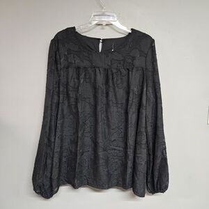 Black Floral Textured Lace Long Sleeve Shirt Women's Xl Blouse